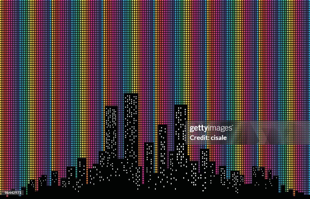 Colorful City Skyline with polka dots illustration silhouette