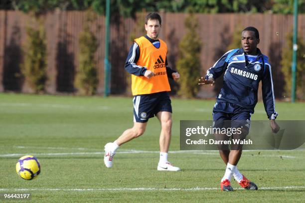 Joe Cole and Gael Kakuta of Chelsea during a training session at the Cobham Training Ground on February 5, 2010 in Cobham, United Kingdom.