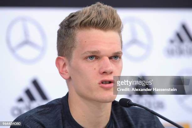 Matthias Ginter talks to the media during a press conference of the German national team at Sportanlage Rungg on day nine of the Southern Tyrol...