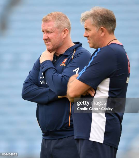 England bowling coach Chris Silverwood and Anthony McGrath during a nets session at Headingley on May 31, 2018 in Leeds, England.