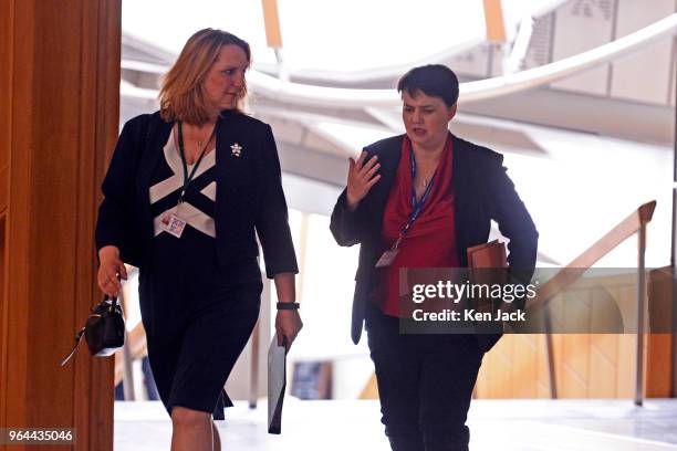 Scottish Conservative leader Ruth Davidson on the way to First Minister's Questions in the Scottish Parliament, accompanied by COnservative MSP...