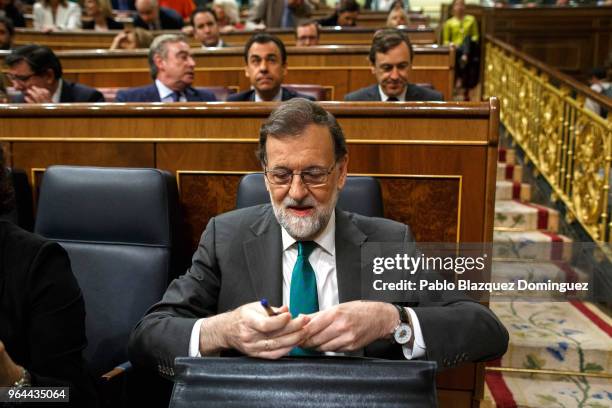 Spanish Prime Minister Mariano Rajoy arrives to his sit during a debate on a no-confidence motion at the Lower House of the Spanish Parliament on May...