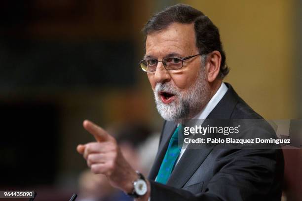 Spanish Prime Minister Mariano Rajoy speaks during a debate on a no-confidence motion at the Lower House of the Spanish Parliament on May 31, 2018 in...