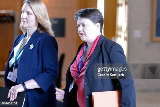 Scottish Conservative leader Ruth Davidson on the way to First Minister's Questions in the Scottish Parliament, accompanied by COnservative MSP...