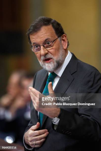 Spanish Prime Minister Mariano Rajoy speaks during a debate on a no-confidence motion at the Lower House of the Spanish Parliament on May 31, 2018 in...