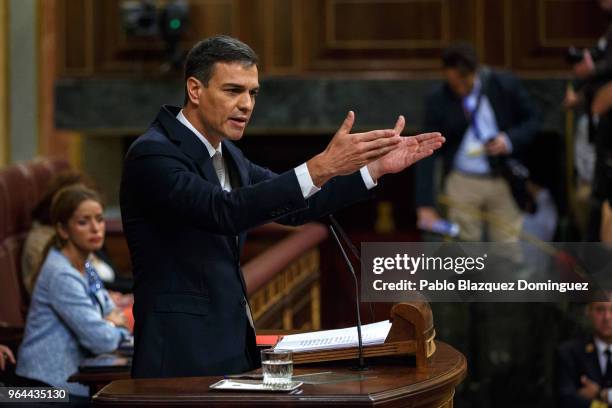 Spanish Socialist party leader Pedro Sanchez speaks during a debate on a no-confidence motion at the Lower House of the Spanish Parliament on May 31,...