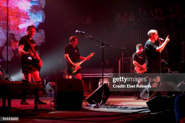 Gerald Casale, Bob Casale, Bob Mothersbaugh and Mark Mothersbaugh of Devo perform on stage at Austin Music Hall at the SXSW Music Conference on March...