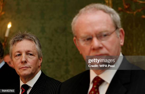 Northern Ireland's First Minister and DUP leader Peter Robinson and Northern Ireland's Deputy First Minister Martin McGuinness attend a press...