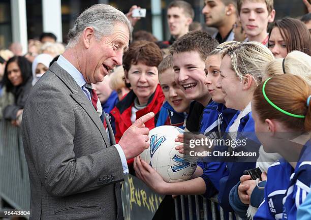 Prince Charles, Prince of Wales meets members of the public and students as he leaves Burnley College / University of Central Lancashire Campus on...