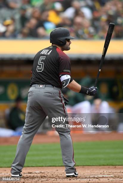 Alex Avila of the Arizona Diamondbacks bats against the Oakland Athletics in the top of the second inning at the Oakland Alameda Coliseum on May 26,...