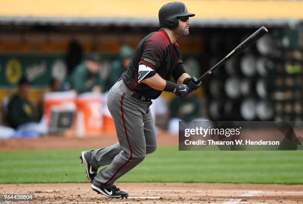 Alex Avila of the Arizona Diamondbacks bats against the Oakland Athletics in the top of the second inning at the Oakland Alameda Coliseum on May 26,...