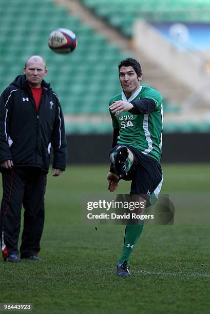 James Hook practices his kicking during the Wales training session held at Twickenham Stadium on February 5, 2010 in London, England.