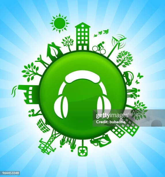 headphones environment green button background on blue sky - volume increase stock illustrations