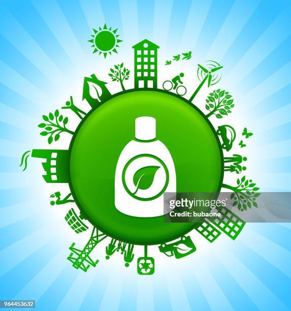 enviromental detergent environment green button background on blue sky - cleaning products stock illustrations