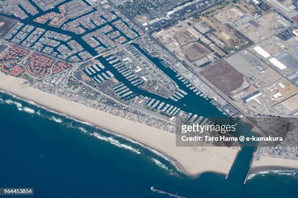 pacific ocean, channel islands harbor and hollywood beach daytime aerial view from airplane - oxnard ストックフォトと画像