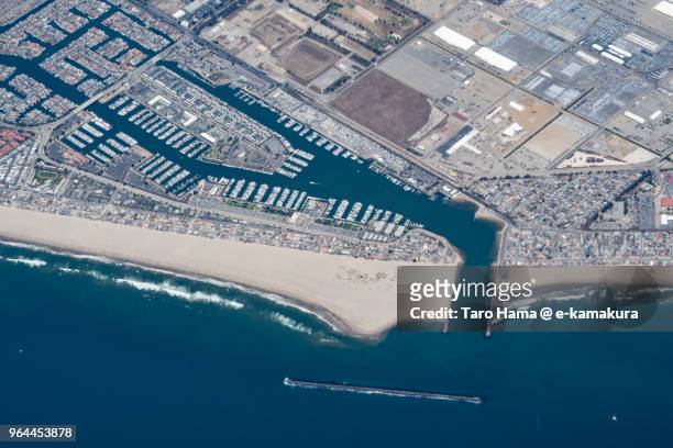 pacific ocean, channel islands harbor and hollywood beach daytime aerial view from airplane - oxnard ストックフォトと画像