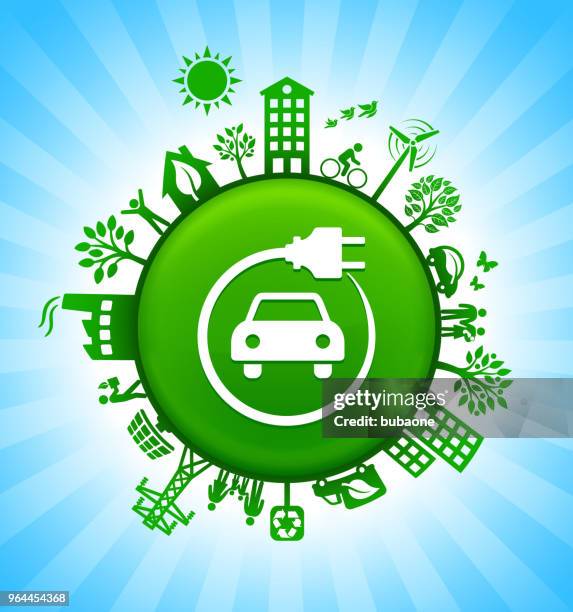 electric car environment green button background on blue sky - green building stock illustrations