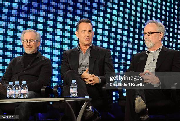 Executive producers Steven Spielberg, Tom Hanks, and Gary Goetzman of "The Pacific" speak during the HBO portion of the 2010 Television Critics...