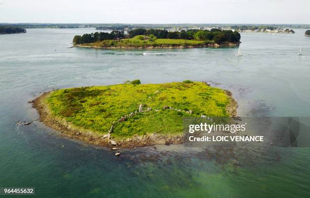 An aerial picture taken on April 30, 2018 shows a Cromlech, a megalithic enclosure made of dolmens, on the Er Lannic island, offshore Arzon, in the...