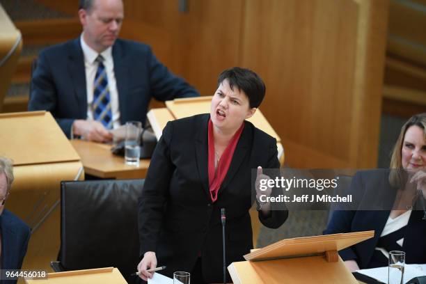 Leader of the Scottish Conservatives Ruth Davidson reacts during first minister's questions in the Scottish Parliament on March 31, 2018 in...