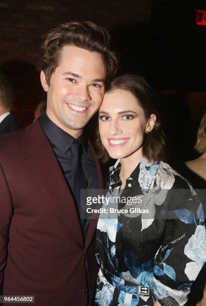 Andrew Rannells and Allison Williams pose at the opening night 50th year celebration after party for the classic play revival of "The Boys In The...
