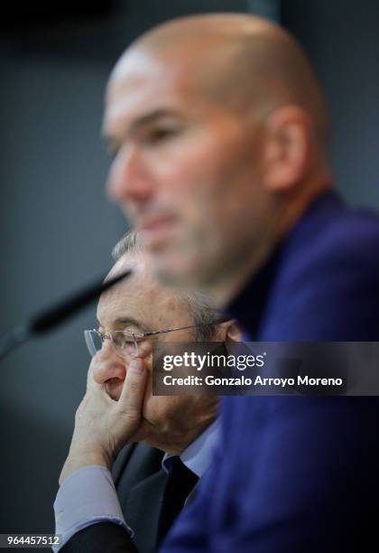 Real Madrid CF president Florentino Perez and Zinedine Zidane attend a press conference to announce his resignation as Real Madrid manager at...