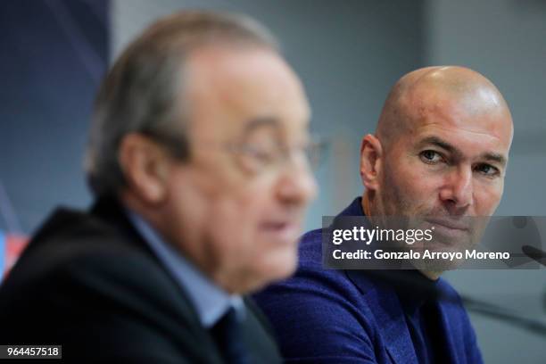 Real Madrid CF president Florentino Perez and Zinedine Zidane attend a press conference to announce his resignation as Real Madrid manager at...