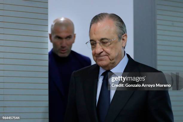 Real Madrid CF president Florentino Perez and Zinedine Zidane arrive at a press conference to announce his resignation as Real Madrid manager at...