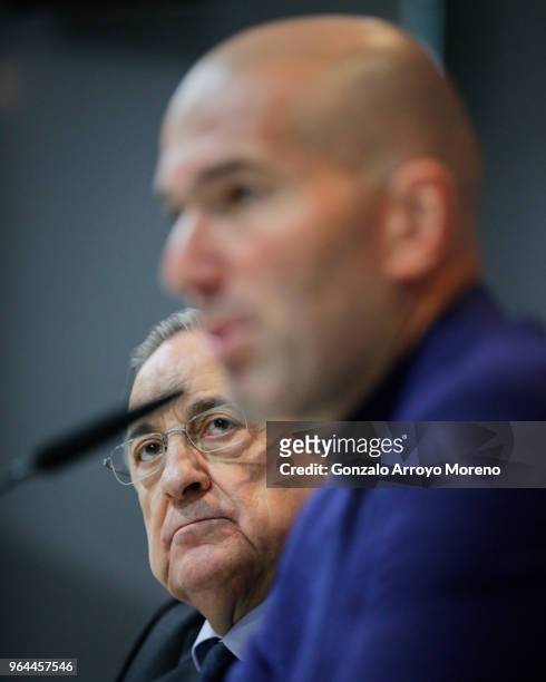 Real Madrid CF president Florentino Perez and Zinedine Zidane attend a press conference to announce his resignation as Real Madrid manager at...