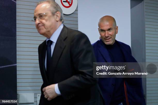 Real Madrid CF president Florentino Perez and Zinedine Zidane arrive at a press conference to announce his resignation as Real Madrid manager at...