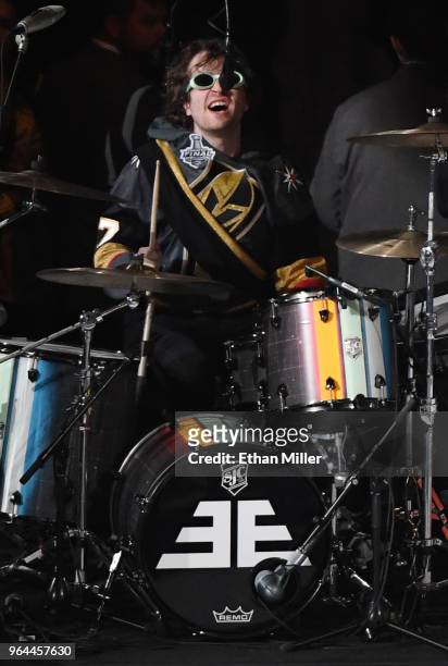 Drummer Daniel Platzman of Imagine Dragons performs before Game Two of the 2018 NHL Stanley Cup Final at T-Mobile Arena between the Washington...