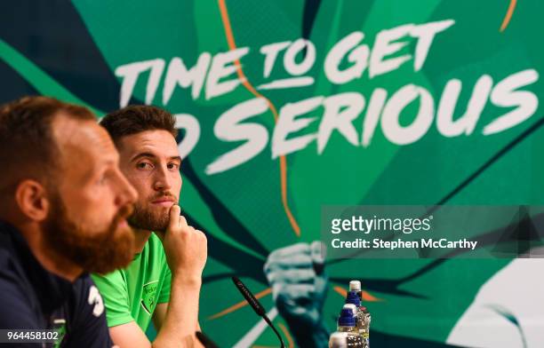 Dublin , Ireland - 31 May 2018; Matt Doherty, right, and David Meyler during a Republic of Ireland press conference at the FAI National Training...