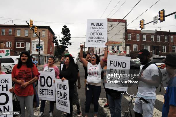 Advocates, activists and homeless folks protest through the streets of Kensington to demand adequate shelter and treatment beds for those being...