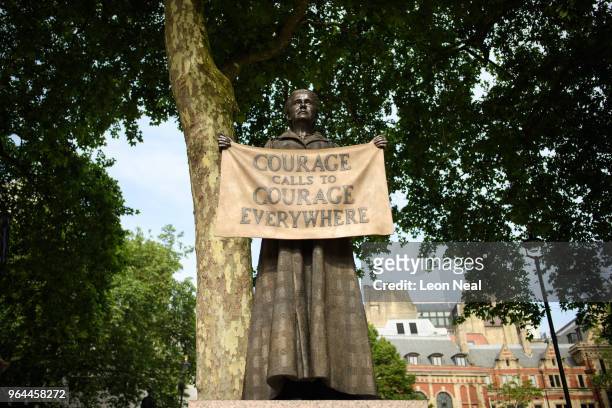 The statue of Women's Rights campaigner Millicent Garrett Fawcett is seen in Parliament Square on May 31, 2018 in London, England.