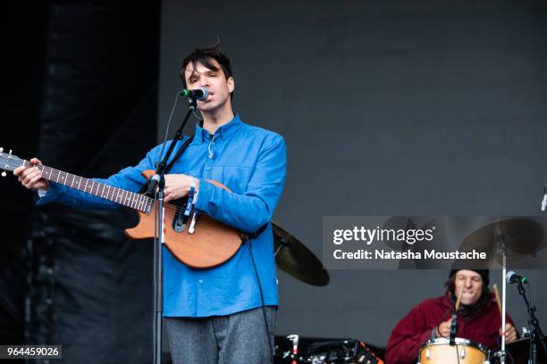 Guitarist David Longstreth and drummer of Dirty Projectors perform onstage during day 3 of 2018 Boston Calling Music Festival at Harvard Athletic...