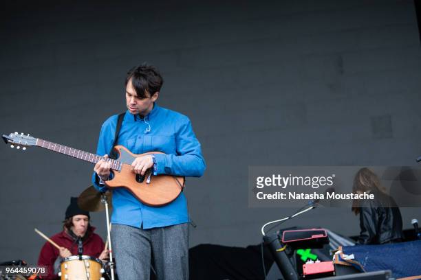 Guitarist David Longstreth and drummer of Dirty Projectors perform onstage during day 3 of 2018 Boston Calling Music Festival at Harvard Athletic...