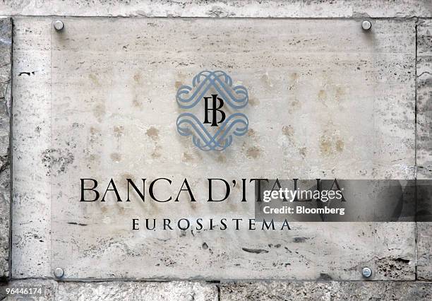 The logo of the Banca d'Italia is seen outside of the Italian central bank's headquarters in Rome, Italy, on Friday, Feb. 5, 2010. Italy's inflation...