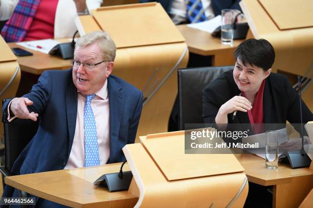 Leader of the Scottish Conservatives Ruth Davidson reacts during first minister's questions in the Scottish Parliament on March 31, 2018 in...