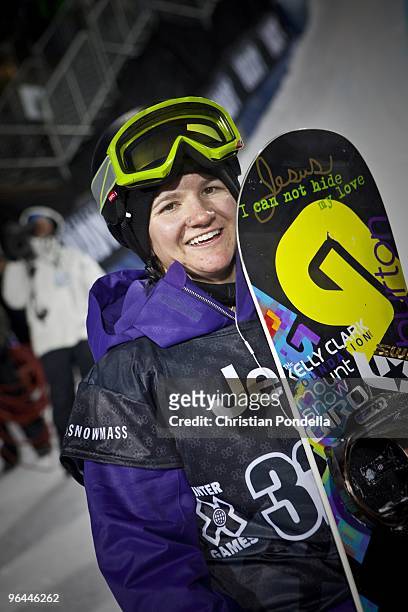 Kelly Clark competes in Women's Snowboard Super Pipe at the Winter X Games 14 at Buttermilk Mountain on January 30, 2010 in Aspen, Colorado.
