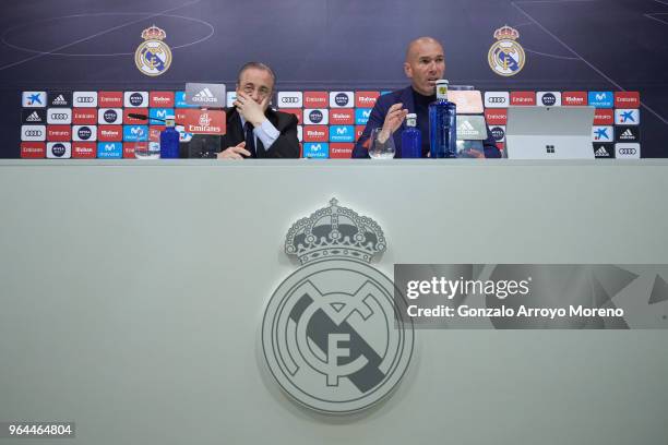 Real Madrid CF president Florentino Perez and Zinedine Zidane attend a press conference to announce his resignation as Real Madrid manager at...