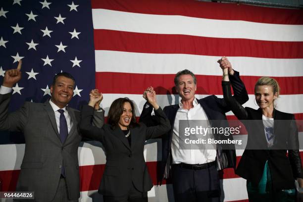Alex Padilla, California secretary of state, from left, Senator Kamala Harris, a Democrat from California, Gavin Newsom, Democratic candidate for...