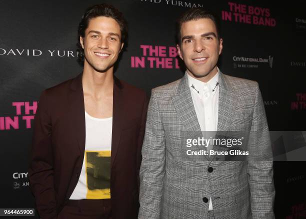 Miles McMillan and partner Zachary Quinto pose at the opening night 50th year celebration after party for the classic play revival of "The Boys In...