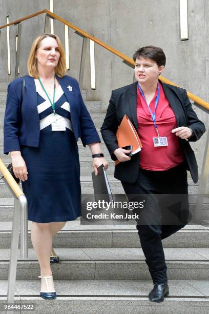 Scottish Conservative leader Ruth Davidson on her way from the chamber of the Scottish Parliament after First Minister's Questions, accompanied by...