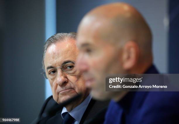 Real Madrid CF president Florentino Perez and Zinedine Zidane attend a press conference to announce his resignation as Real Madrid coach at...