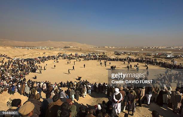 Afghan men gather in a circle for a dog fighting match in Kabul on December 5, 2008. Outlawed under Taliban rule and now legal and very popular in...