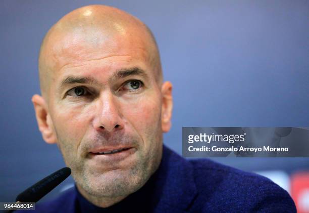 Zinedine Zidane attends a press conference to announce his resignation as Real Madrid coach at Valdebebas Sport City on May 31, 2018 in Madrid,...