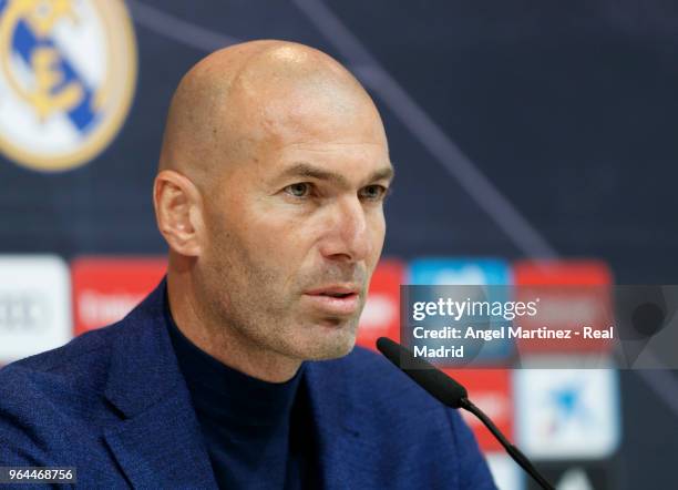 Zinedine Zidane attends a press conference to announce his resignation as Real Madrid manager at Valdebebas Sport City on May 31, 2018 in Madrid,...