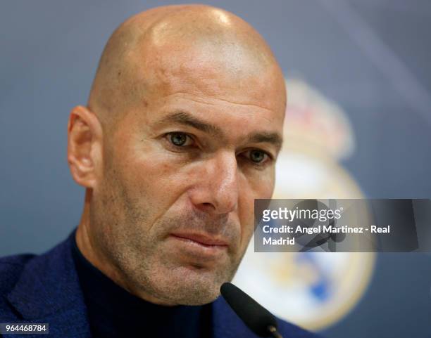 Zinedine Zidane attends a press conference to announce his resignation as Real Madrid manager at Valdebebas Sport City on May 31, 2018 in Madrid,...