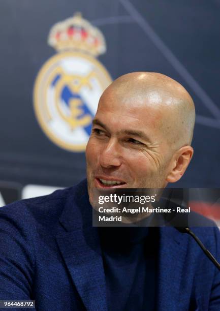 Zinedine Zidane attends a press conference to announce his resignation as Real Madrid manager at Valdebebas Sport City on May 31, 2018 in Madrid,...