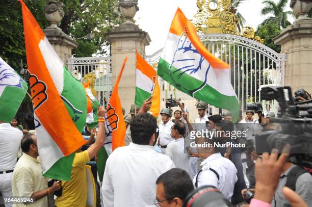 Indian Political party Congress activists protest against price hike of Diesel and Petrol in front of Raj Bhavan North Gate on May31, 2018 in...
